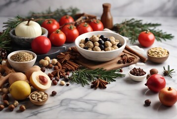 Fototapeta na wymiar Healthy holiday ingredients are on Marble Flat. Place for text