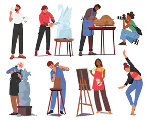 Set of Male and Female Characters Engage in Creative Professions. Artist, Theater Actor, Sculptor, Carpenter and Tailor