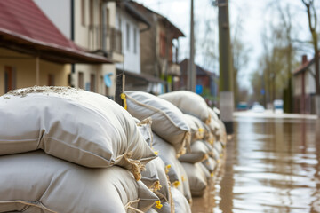 Close shot of flood Protection Sandbags with flooded homes in the background. - AI Generated