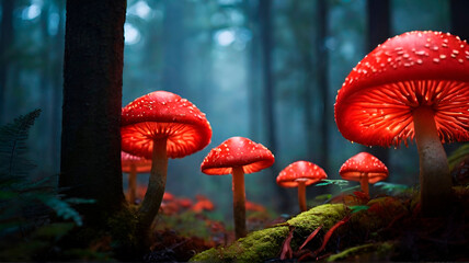 a view of the forest with red fungus on soil - obrazy, fototapety, plakaty