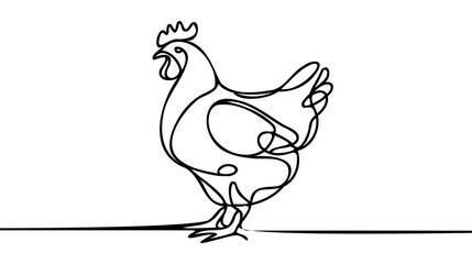 Hen in continuous line art drawing style. Chicken minimalist black linear design isolated on white background.