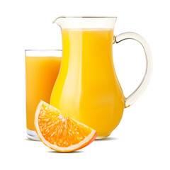 Realistic orange juice in pitcher and orange slice.3d orange juice jug