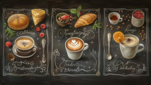 Chalkboard cafe-themed images evoke the cozy and nostalgic atmosphere of neighborhood cafes and coffee shops, with chalkboard surfaces serving as focal points for displaying daily offerings