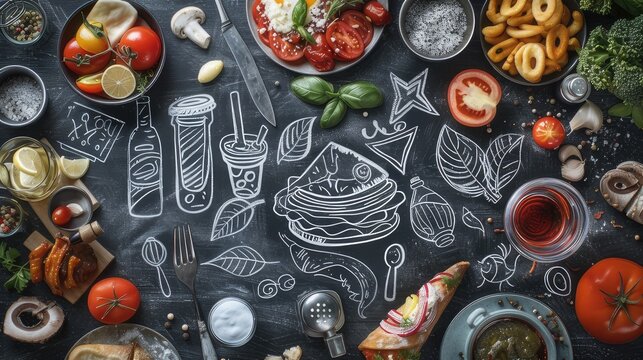 Images featuring stylish and well-designed chalkboard menus displayed in cafes, restaurants, and bistros, showcasing mouthwatering food and beverage offerings with artistic flair
