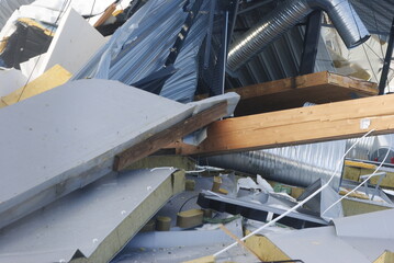 Collapsed house on a cold wintry day.
