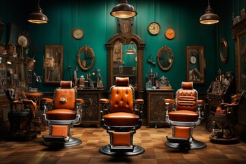 Vintage barbershop interior featuring authentic retro barber chairs, classic decor, and an array of old-fashioned grooming tools in a stylish and nostalgic setting reminiscent of a bygone era. - obrazy, fototapety, plakaty