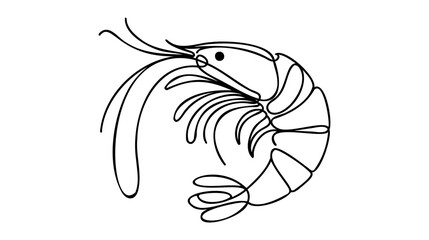 One continuous line drawing of fresh shrimp for seafood logo identity.