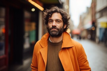 Portrait of a handsome bearded man in an orange coat in the city