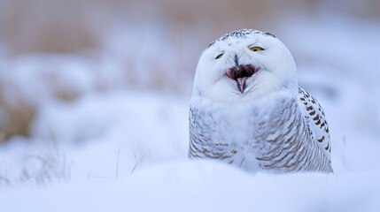 Snowy Owl Yawning. Smiling in Snow. Generative Ai