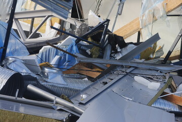 Collapsed house on a cold wintry day.