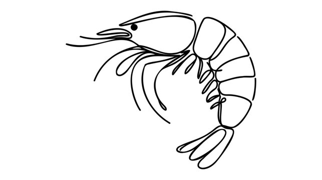 One continuous line drawing of fresh shrimp for seafood logo identity.