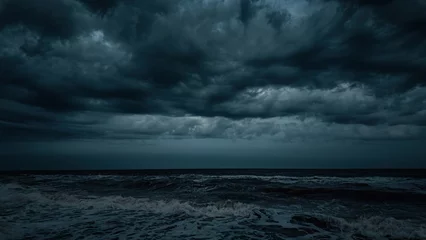 Zelfklevend Fotobehang Evening dramatic sky with storm clouds, stormy ocean shore © pobaralia