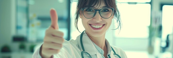 Friendly Doctor Giving Thumbs Up. Smiling female doctor with glasses giving a thumbs-up gesture in a bright medical office.