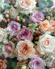 Beautiful background with colorful flowers and roses in pastel colors. Close-up.