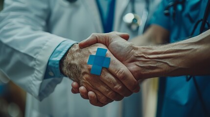 Doctor handshake with Virtual blue plus sign symbol of medical health healthcare insurance symbol concept. - obrazy, fototapety, plakaty