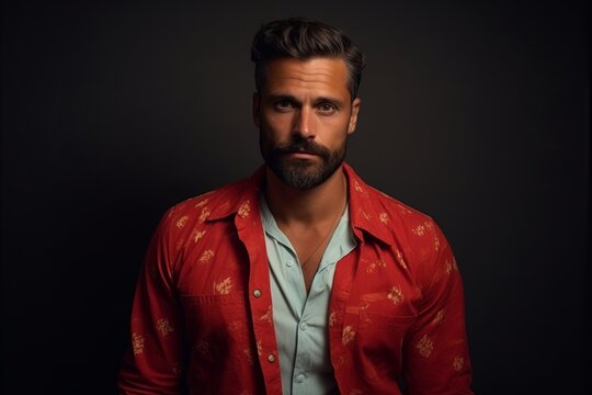 Portrait of a handsome man in a red shirt on a dark background
