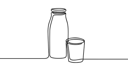 Continuous single drawn one line a glass of milk and a milk package drawn from the hand a picture of the silhouette.