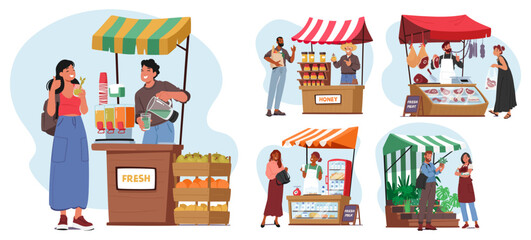 Farmers With Farming Production. Male And Female Vendor Characters Offer Fresh Juice And Honey, Meat, Dairy And Plants