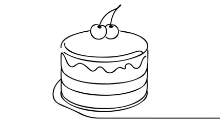 Single continuous line drawing of stylized pilled anniversary cake with cherry fruit topping art.