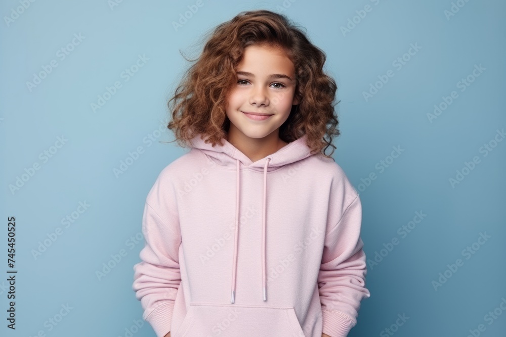 Wall mural portrait of beautiful young woman with curly hair wearing pink hoodie