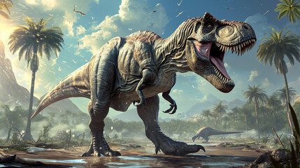 Fototapeta na wymiar the king of dinosaurs, Tyrannosaurus Rex, in a harsh prehistoric world. Generative Ai