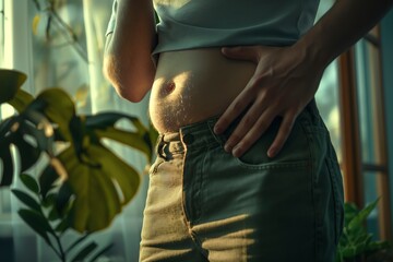 A pregnant woman gently cradling her belly while wearing pants. - obrazy, fototapety, plakaty