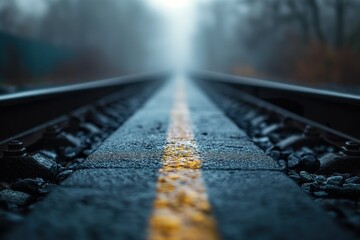 A photo capturing a yellow line running parallel to a train track, emphasizing the safety markings.