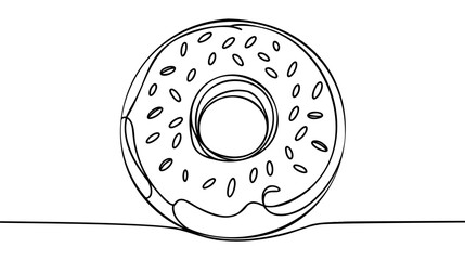 Single continuous line drawing of stylized donut store logo label. Emblem fast food doughnut restaurant concept. - obrazy, fototapety, plakaty
