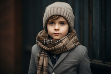 A portrait of a beautiful little girl in a hat and scarf on the street.