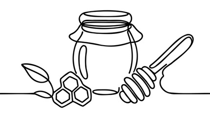 One single line drawing fresh sweet natural gold honey on glass jar with wooden dipper vector graphic illustration.
