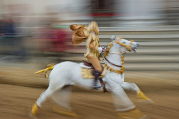 Horseman gallops to pierce the star with his sword, Sartiglia feast, with motion blur from panning the camera. Focus is on the horse, Oristano, Sardinia, Italy, Europe