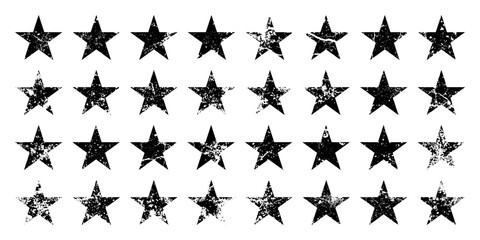 Fototapeta premium Vintage stars with cracks and stains. Old hand-drawn sign, black simple shape. Retro design element with distressed effect, grunge texture. Vector illustration