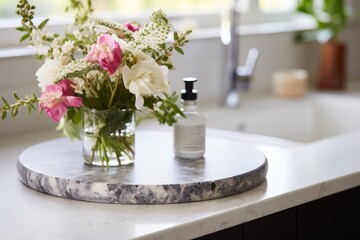 Chic and modern kitchen interior design showcasing a round marble tray with a beautiful floral arrangement, elegant soap dispenser, and stylish accessories on a luxurious countertop