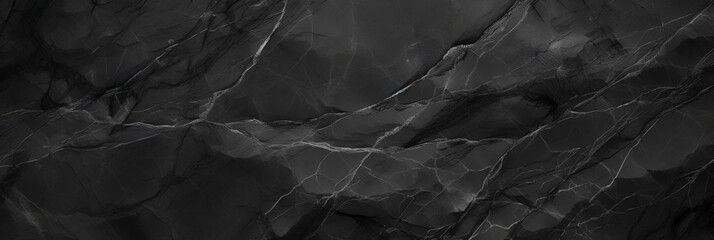 Wide panoramic surface of black marble abstract stone texture with gray veins dark-gray tone. For banner, background design