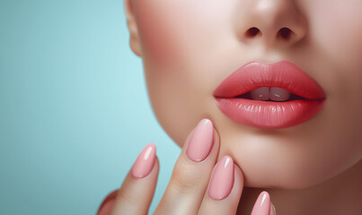 Obraz premium Elegant Manicure and Soft Pink Lips, Nail Salon Delicacy