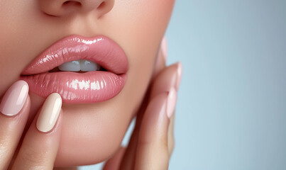 Obraz na płótnie Canvas Elegant Manicure and Soft Pink Lips, Nail Salon Delicacy