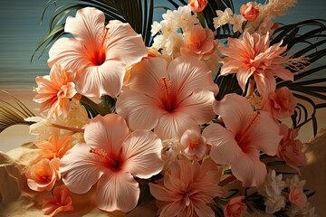 A vibrant assortment of hibiscus flowers arranged delicately on a wooden table, creating a colorful and fragrant display