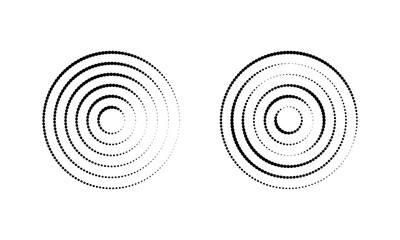 Circular ripple icons. Concentric circles with broken dotted lines isolated on white background. Vortex, whirlpool, sonar wave, soundwave, sunburst, signal, echo signs