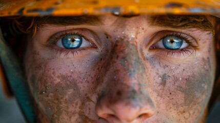 Close-Up Portrait of a Worker with Blue Eyes and Dusty Face Wearing a Yellow Safety Helmet