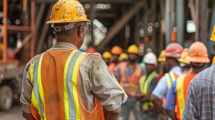 Construction Worker Overlooking Site with Team in Background Wearing Safety Gear and Hard Hats
