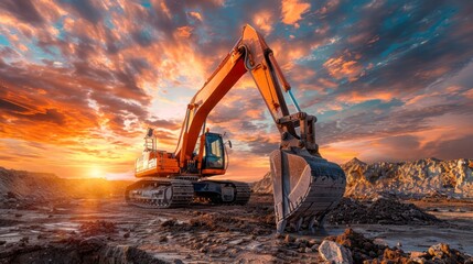 Majestic Excavator at Work During Golden Sunset in Rocky Landscape with Dramatic Sky