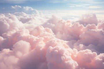 A breathtaking view of magnificent, billowing clouds stretching endlessly across the sky, as seen from the window of an airplane