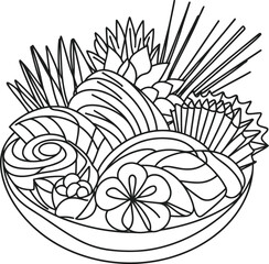 sashimi in continuous line drawing minimalist style, food illustration.