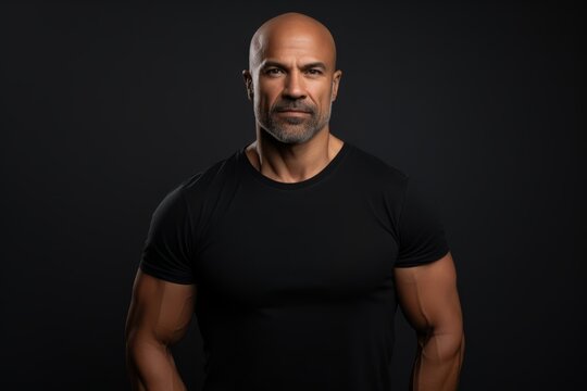 Portrait of a handsome middle-aged man in a black T-shirt on a dark background.