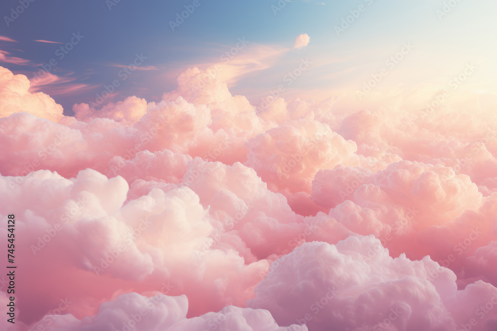 Poster A mesmerizing view of numerous fluffy clouds floating beneath a clear blue sky, creating a picturesque and dynamic scene