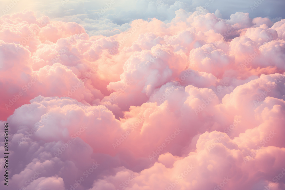 Poster puffy clouds in various shapes and sizes dance gracefully against a backdrop of blue sky, framed by 