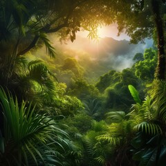 Mystical misty panorama of a lush forest with various lush trees, a stunning atmosphere complete with sunlight spotlights in the middle of the forest. Generative Ai