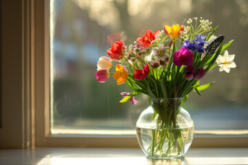 Sunlit Bouquet of Mixed Spring Flowers in a Glass Vase on a Window Ledge