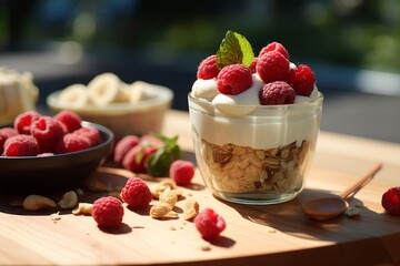 Raspberry and Cream Parfait with Crunchy Granola, Layered Beautifully in a Glass Jar, Placed on a Rustic Wooden Table with a Charming Wooden Spoon Next to It and Garnished with Fresh Mint Leaves