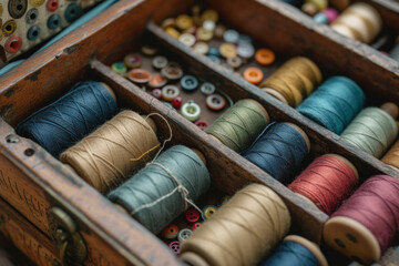 Fototapeta na wymiar Vintage Sewing Kit with Colorful Spools of Thread in an Antique Wooden Box